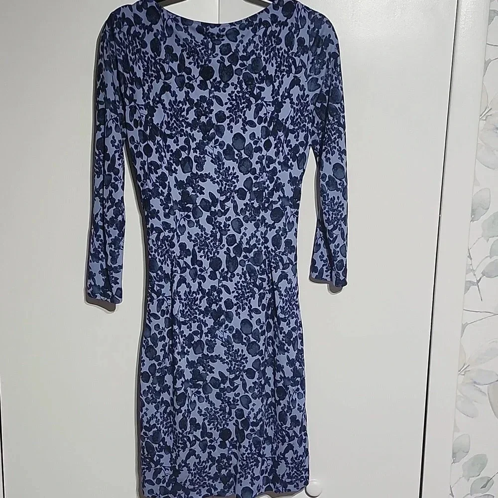 Tory Burch Blue Floral Ruched Dress Size S V-Neck 3/4 Sleeve Designer